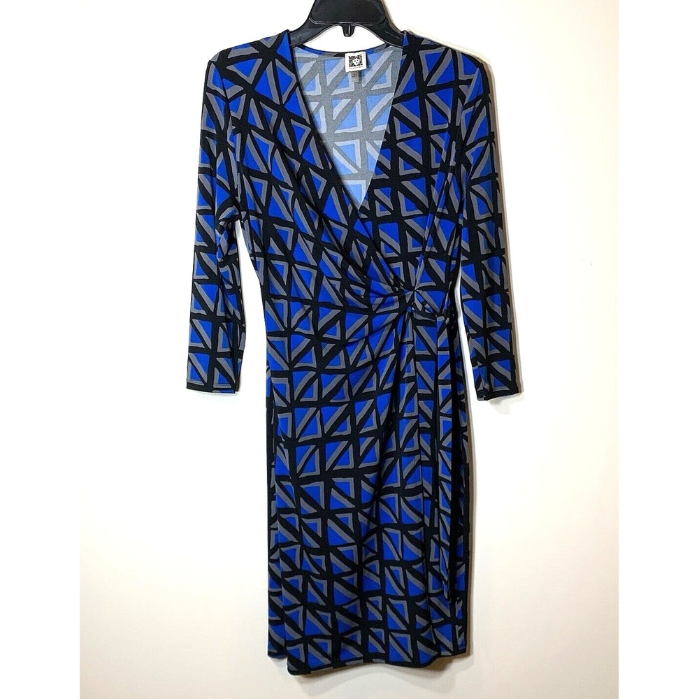 Anne Klein Faux Wrap‎ Dress Womens 8 Geo Print Blue Black Long Sleeve Stretch